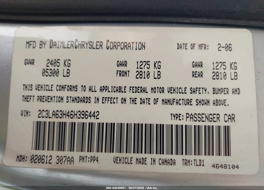 2006 CHRYSLER 300 VIN: 2C3LA63H46H396442