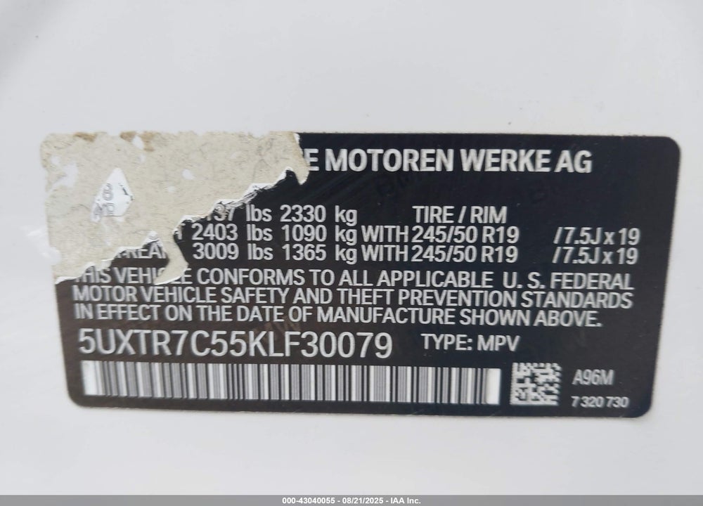 2019 BMW X3 VIN: 5UXTR7C55KLF30079