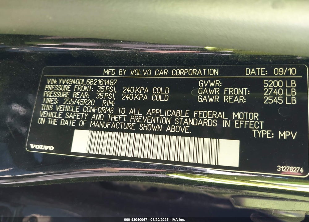 2011 VOLVO XC60 VIN: YV4940DL6B2161487