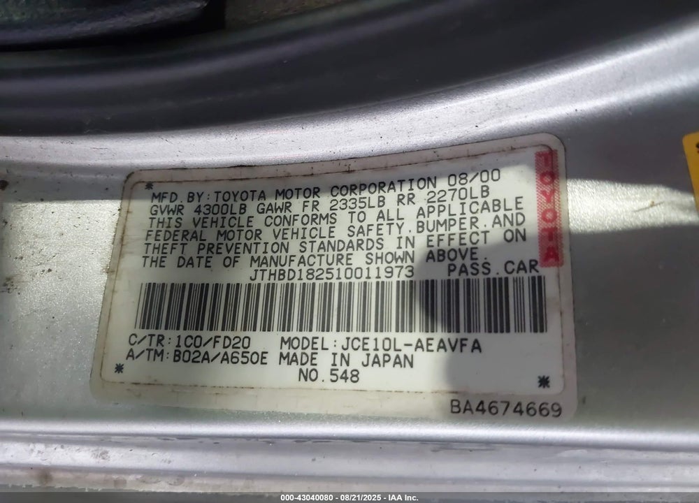 2001 LEXUS IS 300 VIN: JTHBD182510011973