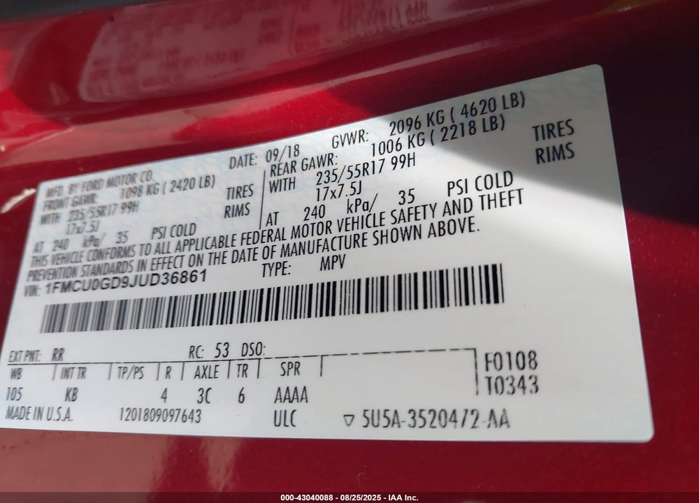 2018 FORD ESCAPE VIN: 1FMCU0GD9JUD36861