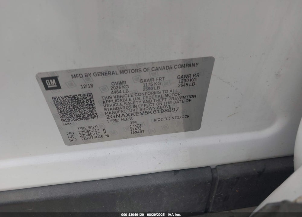 2019 CHEVROLET EQUINOX VIN: 2GNAXKEV5K6198897