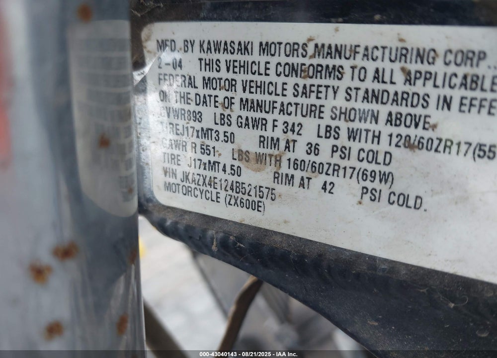 2004 KAWASAKI ZX600 E VIN: JKAZX4E124B521575