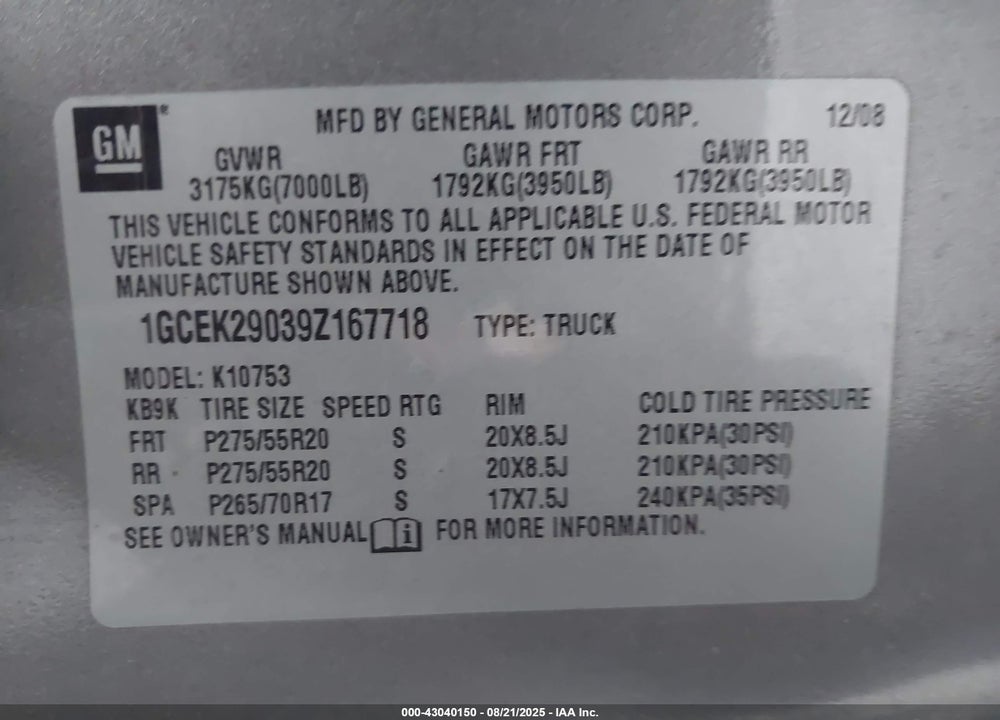 2009 CHEVROLET SILVERADO 1500 VIN: 1GCEK29039Z167718
