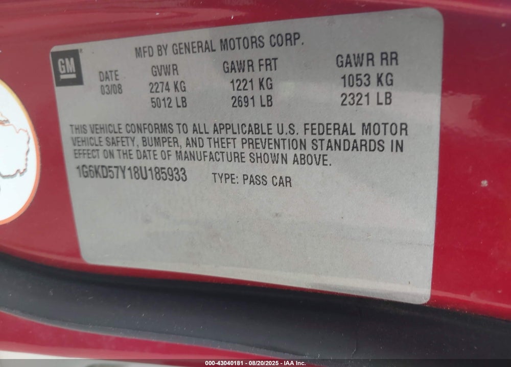 2008 CADILLAC DTS 1SA VIN: 1G6KD57Y18U185933