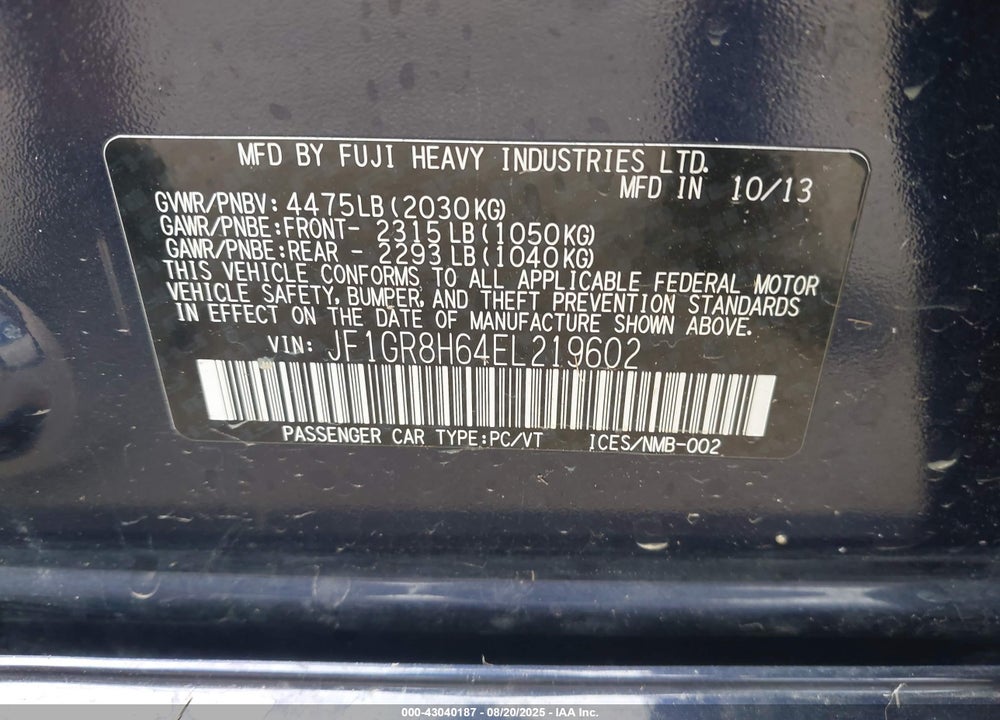 2014 SUBARU IMPREZA VIN: JF1GR8H64EL219602