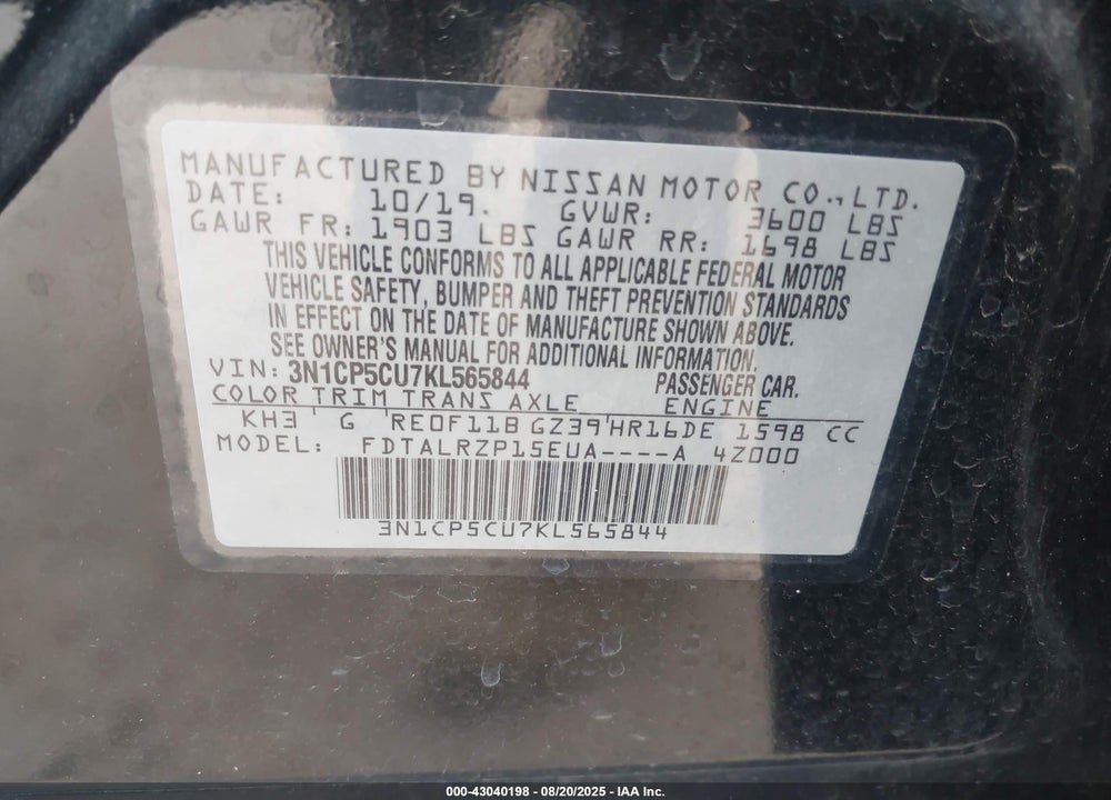 2019 NISSAN KICKS VIN: 3N1CP5CU7KL565844