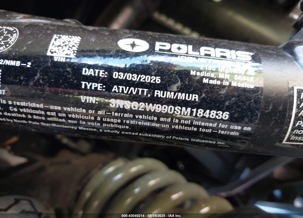 2025 POLARIS XPEDITION XP 1000 NORTHSTAR EDITION VIN: 3NSG2W990SM184836