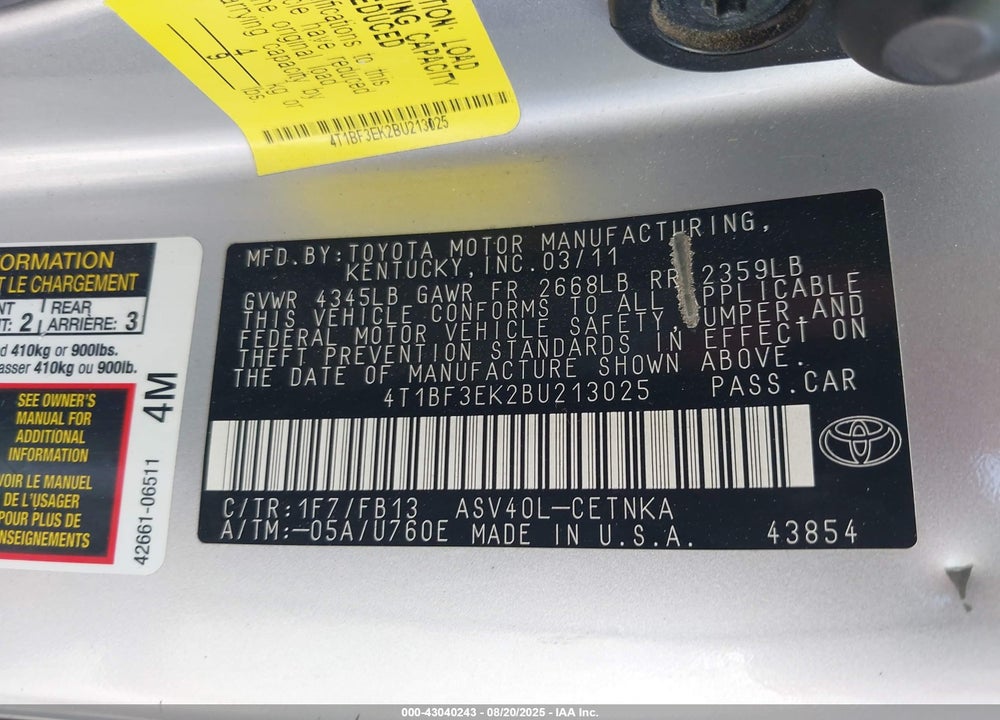 2011 TOYOTA CAMRY LE VIN: 4T1BF3EK2BU213025