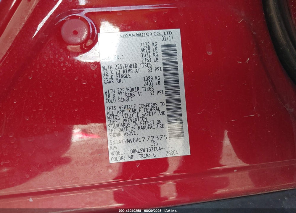 2017 NISSAN ROGUE VIN: 5N1AT2MV6HC772375