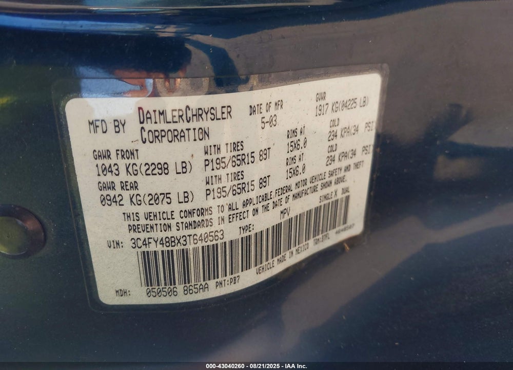 2003 CHRYSLER PT CRUISER VIN: 3C4FY48BX3T640563