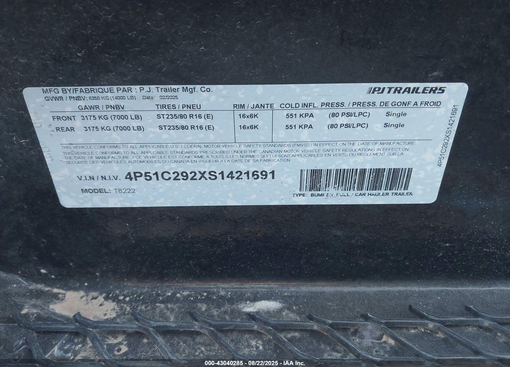2025 PJ TRAILERS UNKNOWN VIN: 4P51C292XS1421691