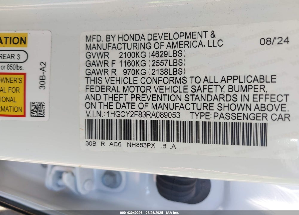 2024 HONDA ACCORD VIN: 1HGCY2F83RA089053