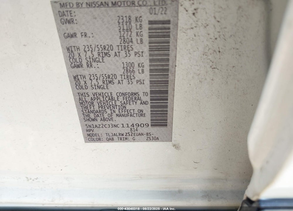 2022 NISSAN MURANO VIN: 5N1AZ2CJ3NC114909