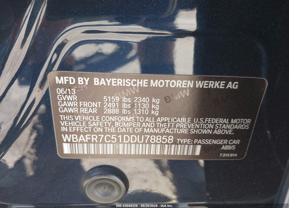 2013 BMW 5 SERIES VIN: WBAFR7C51DDU78858