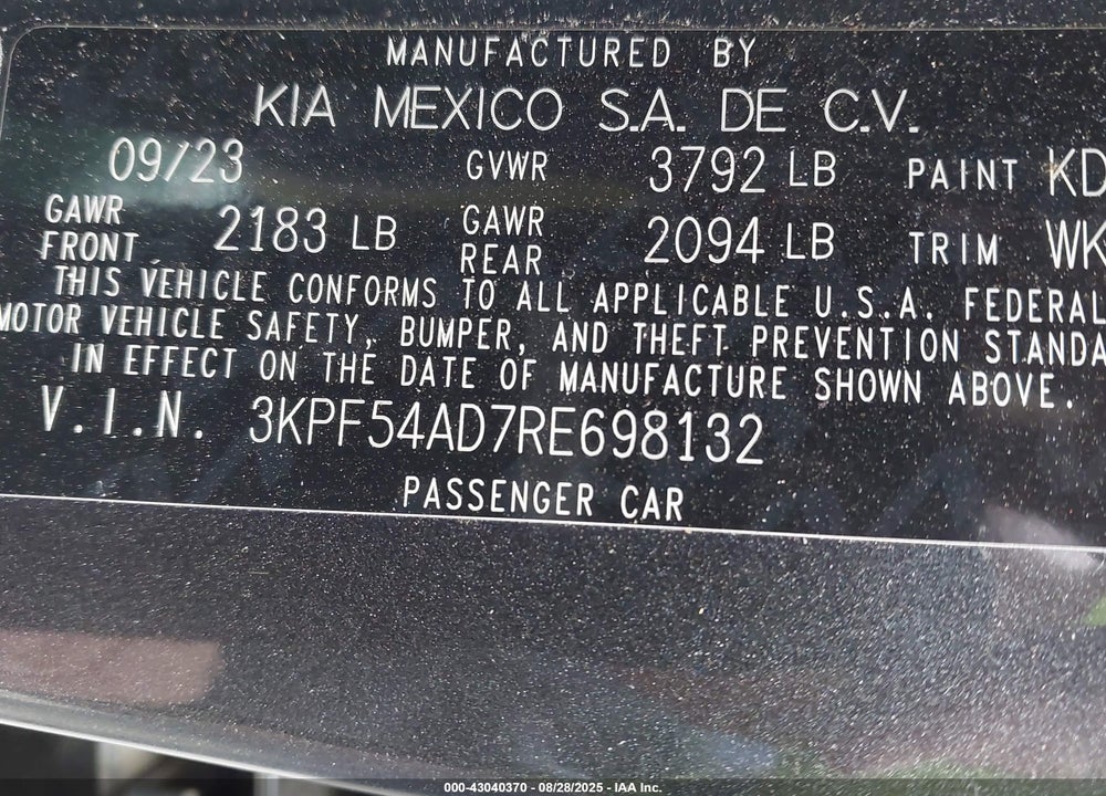 2024 KIA FORTE GT LINE VIN: 3KPF54AD7RE698132