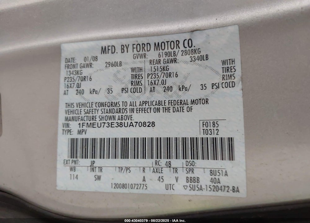 2008 FORD EXPLORER XLT VIN: 1FMEU73E38UA70828