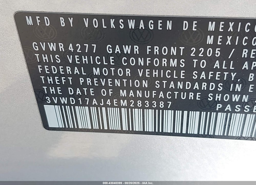 2014 VOLKSWAGEN JETTA 1.8T SE VIN: 3VWD17AJ4EM283387