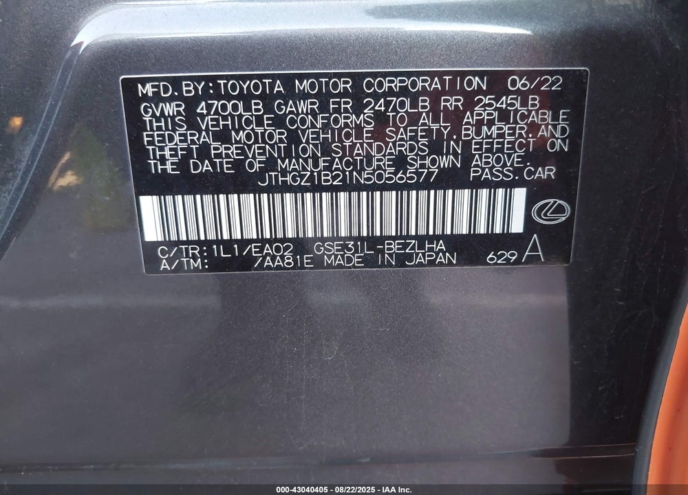 2022 LEXUS IS 350 F-SPORT VIN: JTHGZ1B21N5056577
