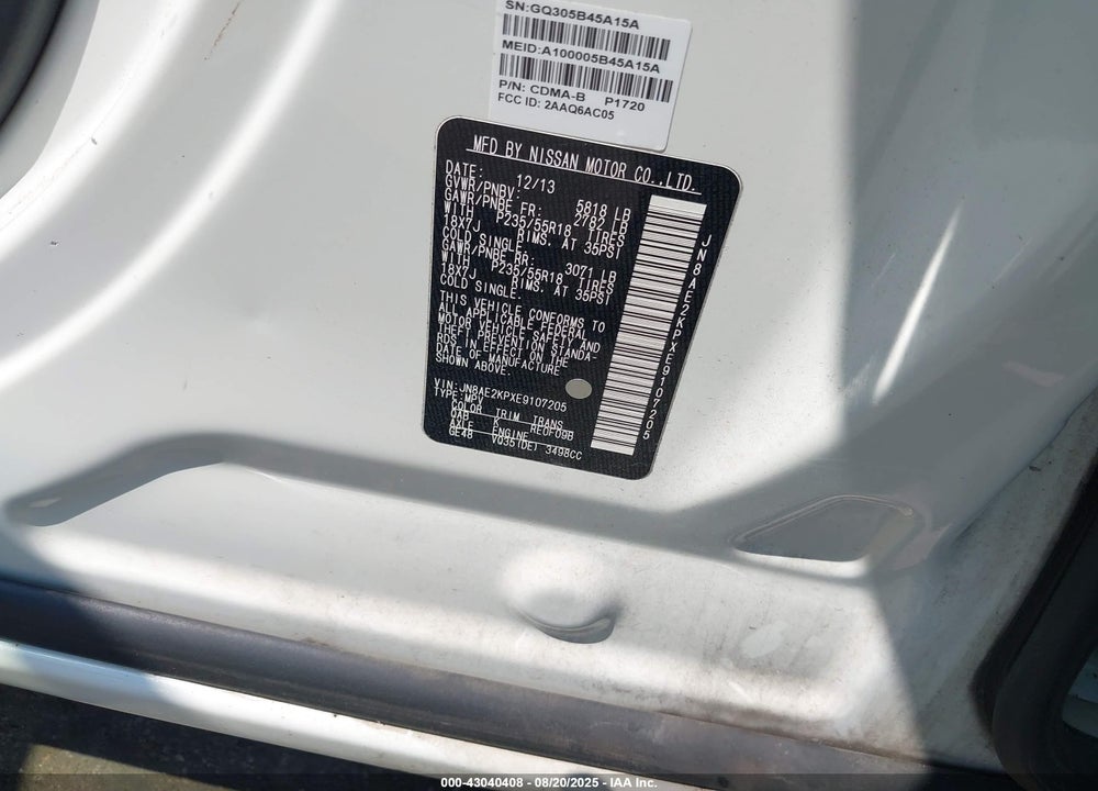 2014 NISSAN QUEST LE/S/SL/SV VIN: JN8AE2KPXE9107205