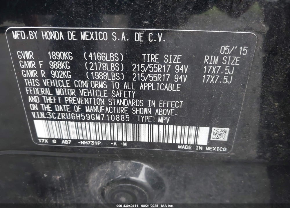 2016 HONDA HR-V VIN: 3CZRU6H59GM710885