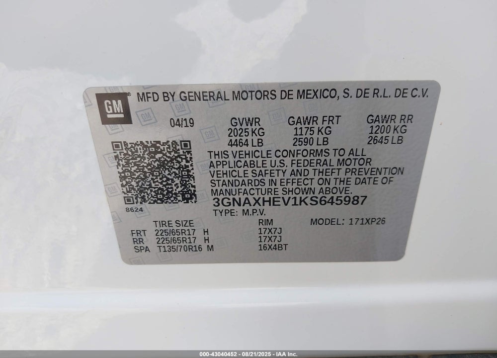2019 CHEVROLET EQUINOX VIN: 3GNAXHEV1KS645987