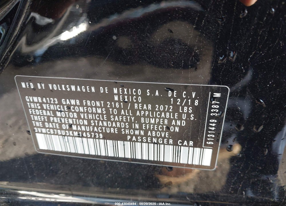 2019 VOLKSWAGEN JETTA VIN: 3VWCB7BU3KM145739