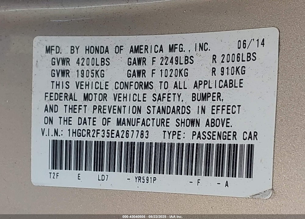 2014 HONDA ACCORD LX VIN: 1HGCR2F35EA267783
