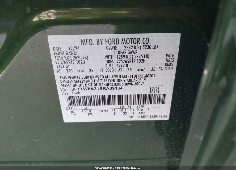 2025 FORD MAVERICK VIN: 3FTTW8A31SRA09134