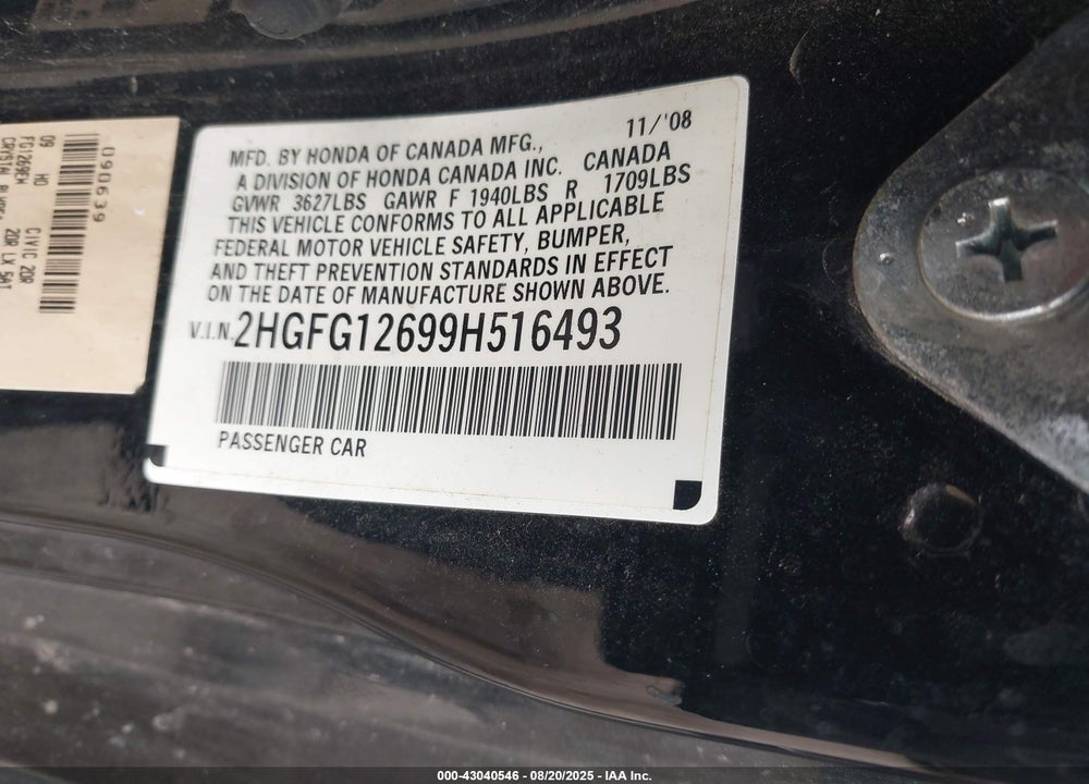 2009 HONDA CIVIC VIN: 2HGFG12699H516493