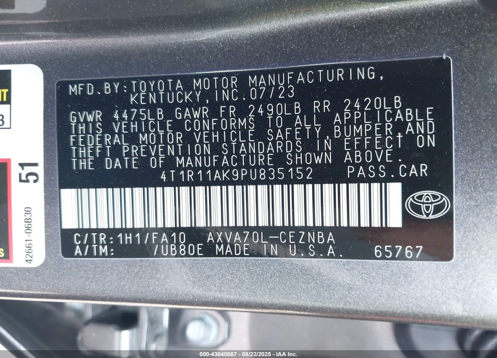 2023 TOYOTA CAMRY LE VIN: 4T1R11AK9PU835152