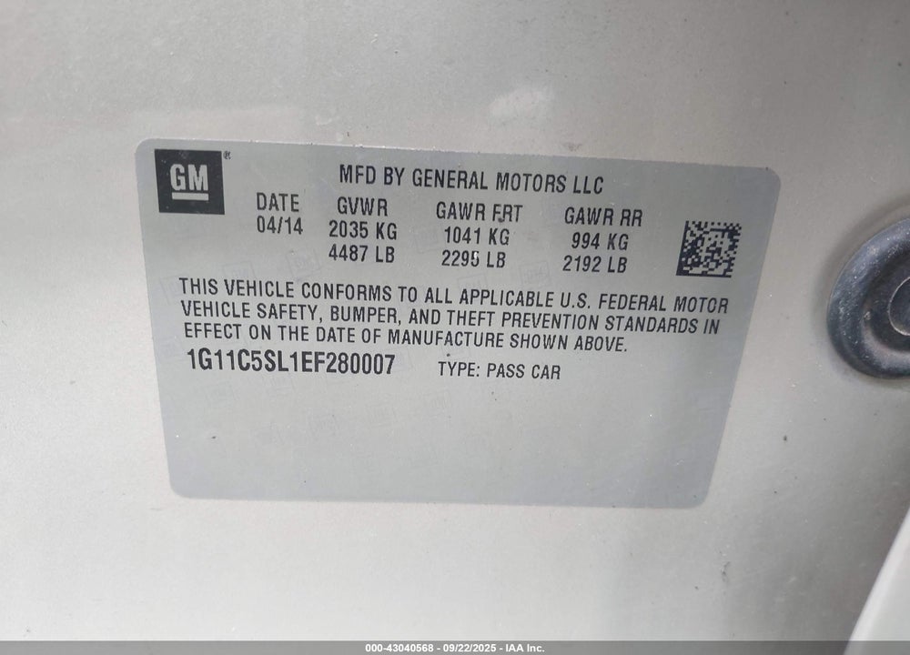 2014 CHEVROLET MALIBU VIN: 1G11C5SL1EF280007