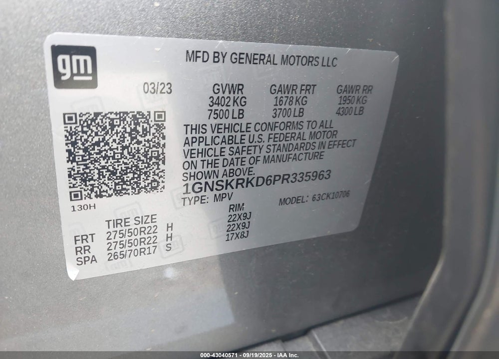 2023 CHEVROLET TAHOE VIN: 1GNSKRKD6PR335963