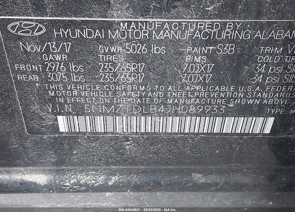 2018 HYUNDAI SANTA FE VIN: 5NMZTDLB4JH089933