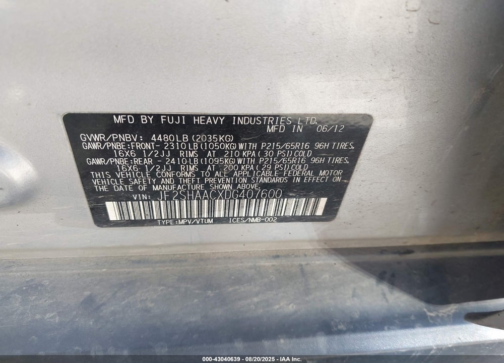 2013 SUBARU FORESTER VIN: JF2SHAACXDG407600