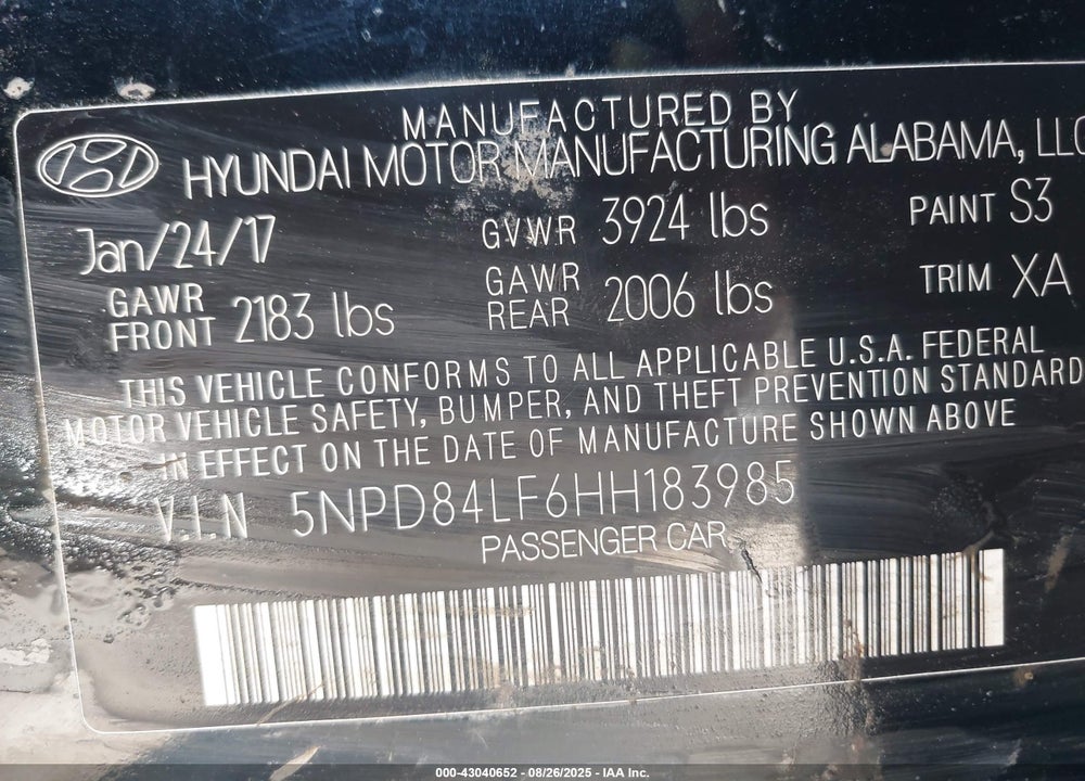 2017 HYUNDAI ELANTRA VIN: 5NPD84LF6HH183985