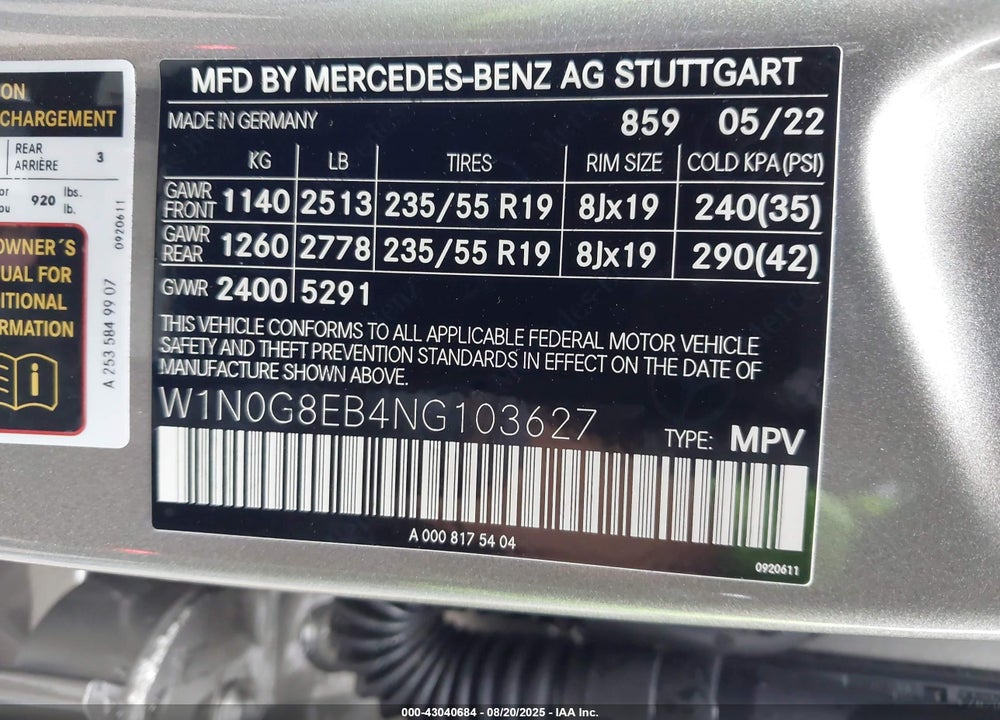 2022 MERCEDES-BENZ GLC CLASS VIN: W1N0G8EB4NG103627