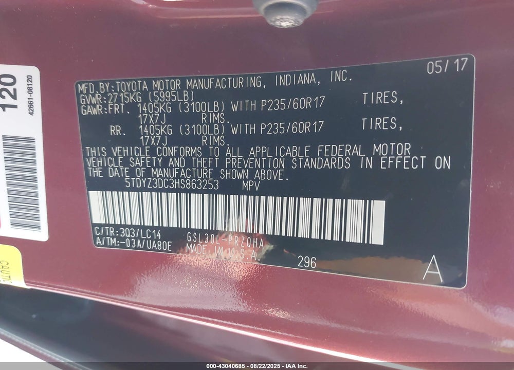 2017 TOYOTA SIENNA XLE 8 PASSENGER VIN: 5TDYZ3DC3HS863253