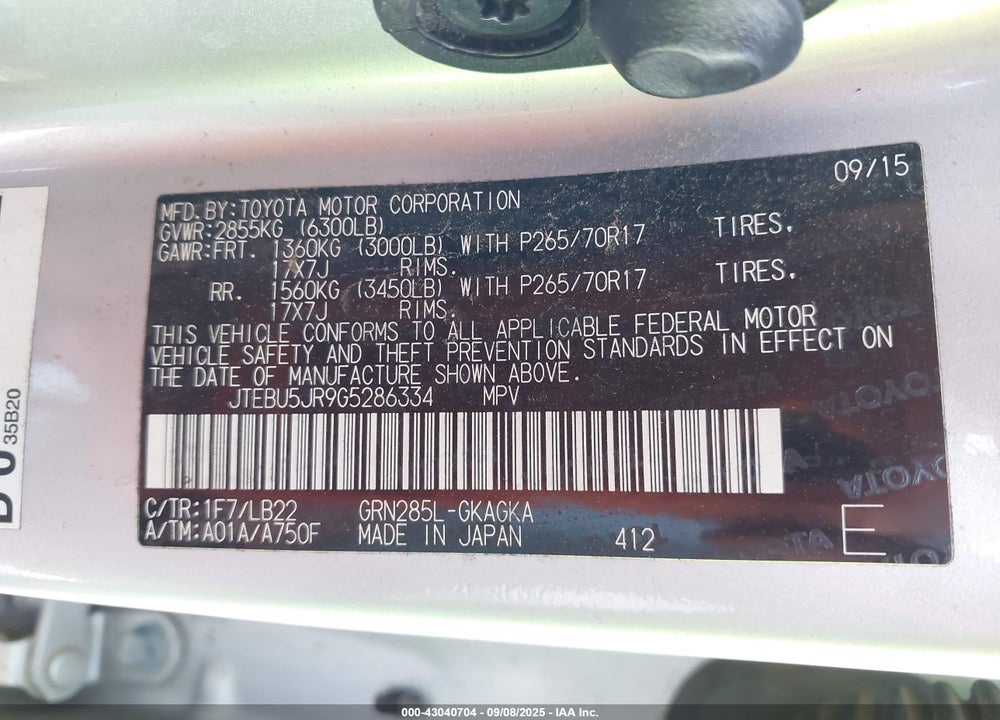 2016 TOYOTA 4RUNNER VIN: JTEBU5JR9G5286334