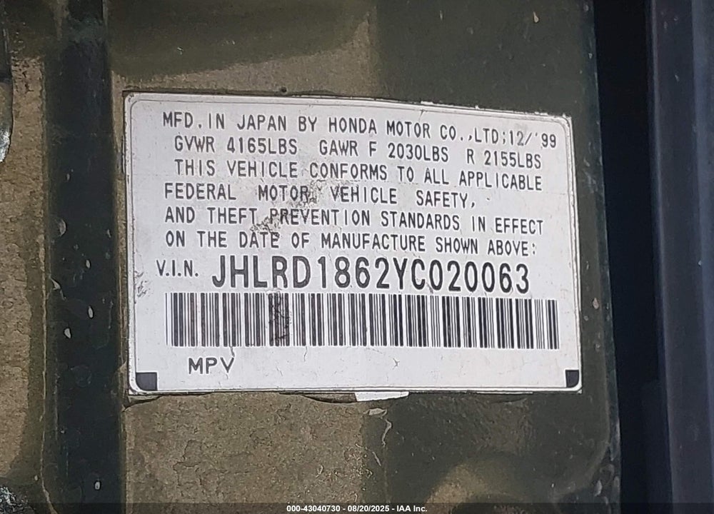 2000 HONDA CR-V EX VIN: JHLRD1862YC020063