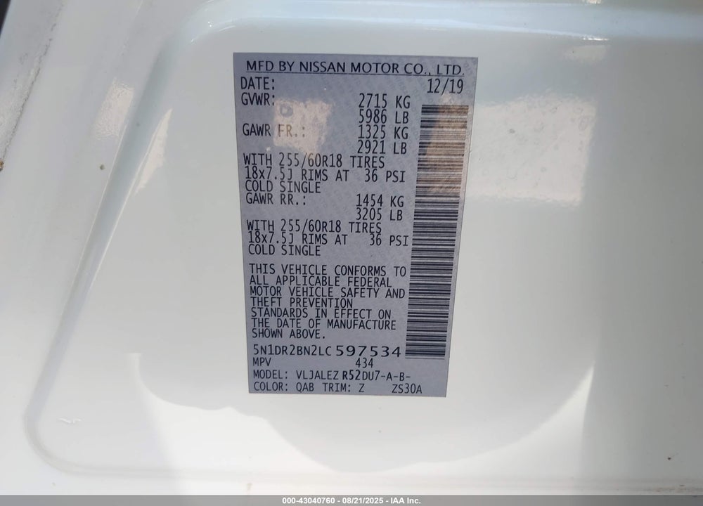 2020 NISSAN PATHFINDER VIN: 5N1DR2BN2LC597534