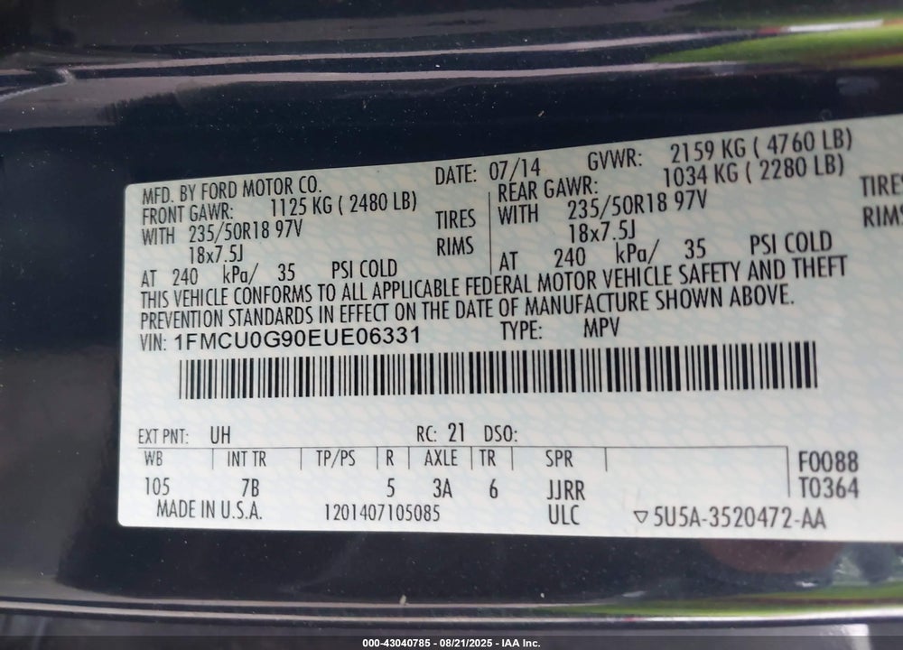 2014 FORD ESCAPE VIN: 1FMCU0G90EUE06331