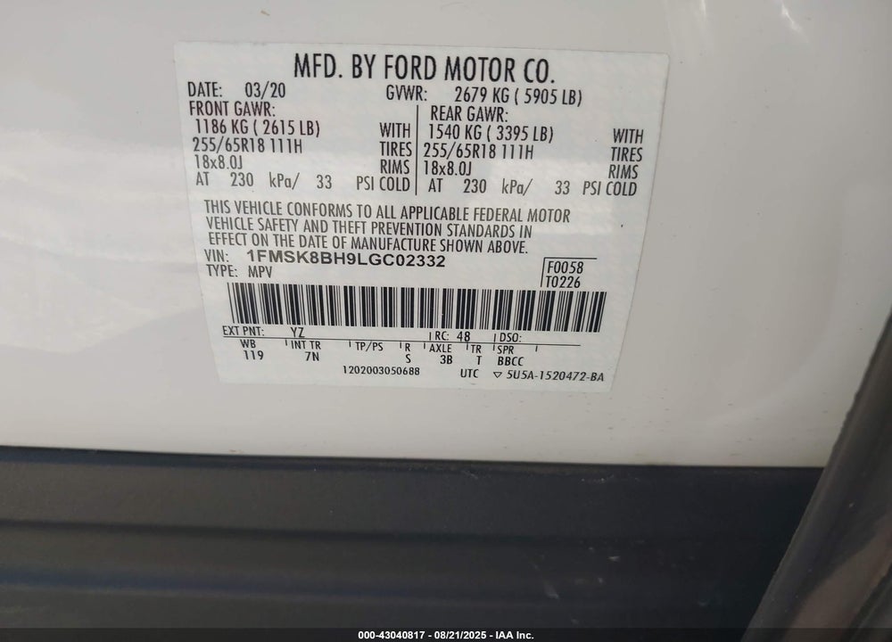 2020 FORD EXPLORER VIN: 1FMSK8BH9LGC02332
