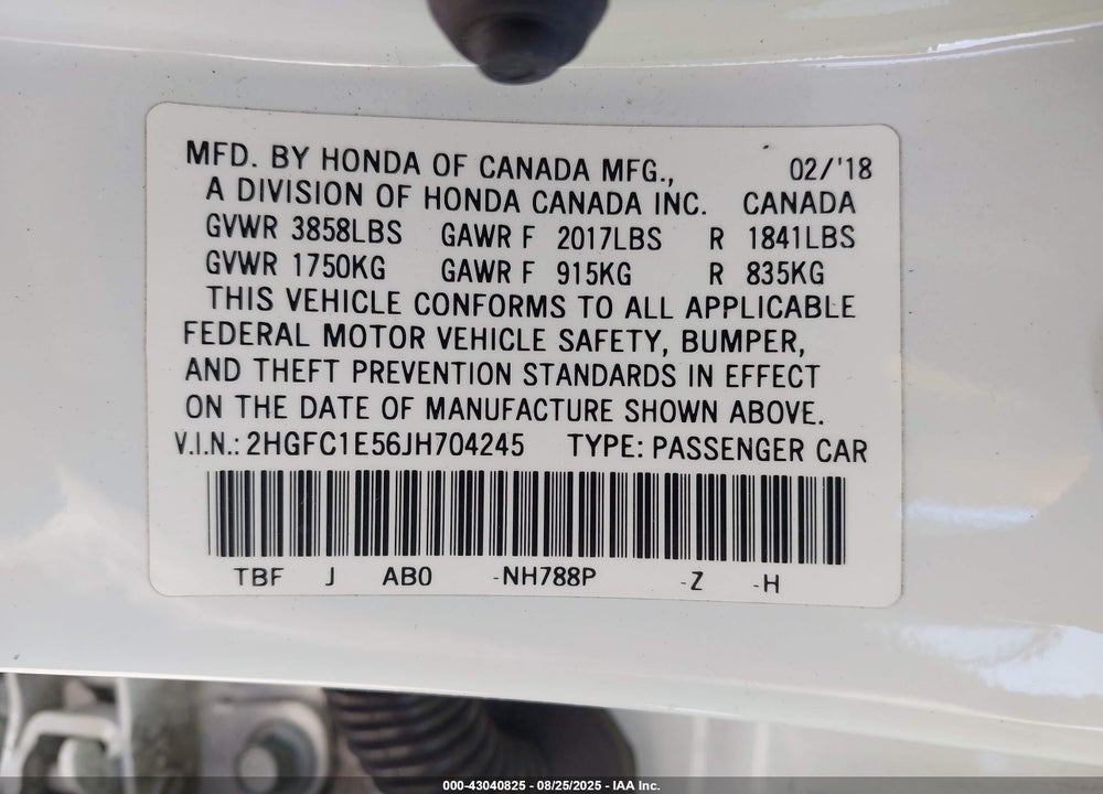 2018 HONDA CIVIC VIN: 2HGFC1E56JH704245