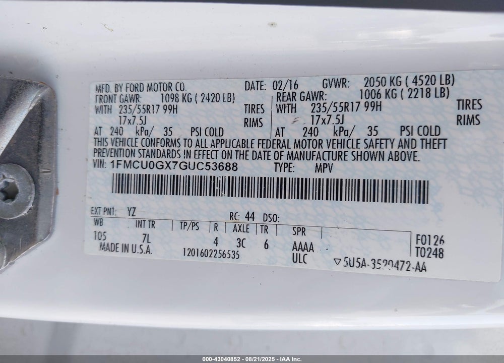 2016 FORD ESCAPE VIN: 1FMCU0GX7GUC53688