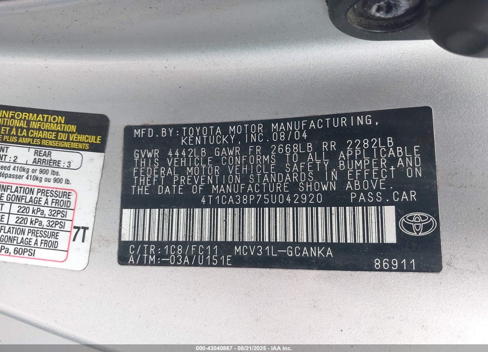 2005 TOYOTA CAMRY SOLARA SE SPORT V6 VIN: 4T1CA38P75U042920