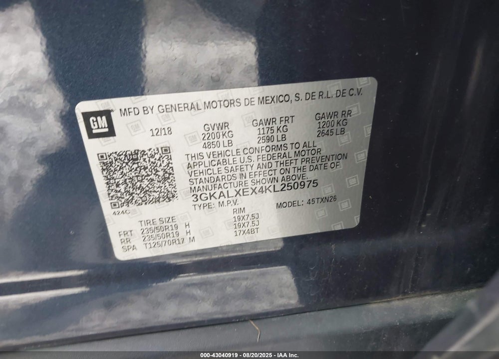 2019 GMC TERRAIN VIN: 3GKALXEX4KL250975