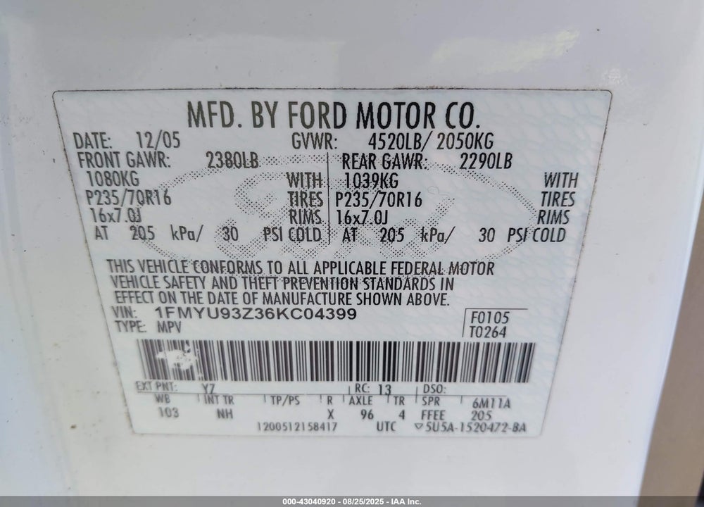 2006 FORD ESCAPE XLT VIN: 1FMYU93Z36KC04399