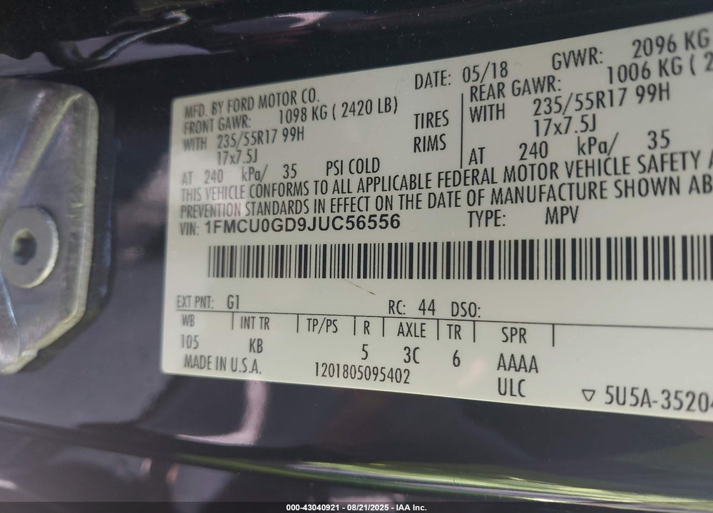2018 FORD ESCAPE SE VIN: 1FMCU0GD9JUC56556