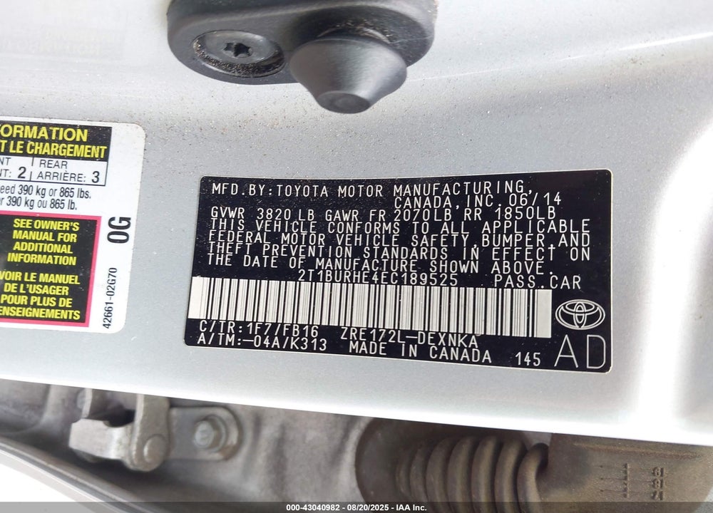 2014 TOYOTA COROLLA VIN: 2T1BURHE4EC189525